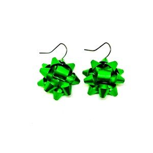 Green Christmas Holiday Bow Drop Dangle Earrings